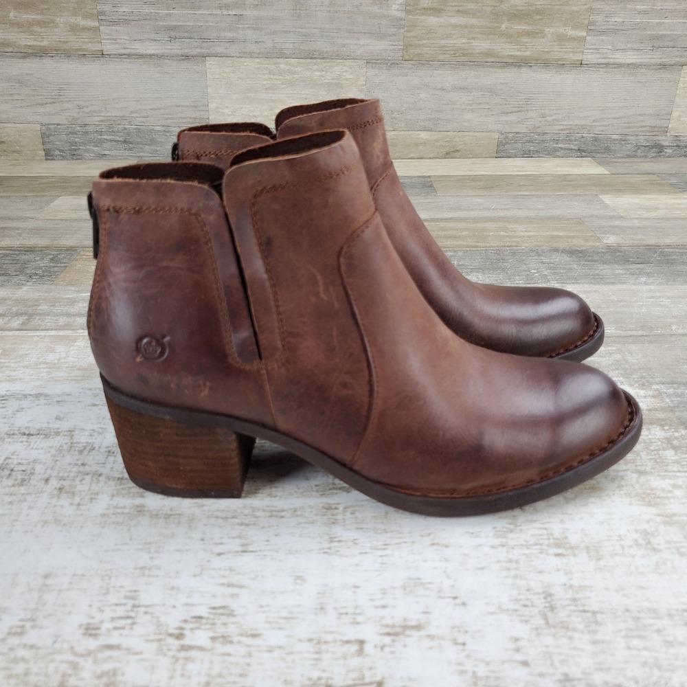 Born Reece Womens Ankle Boots Sz 8.5 M Brown Leather Stacked Block Heel Comfort